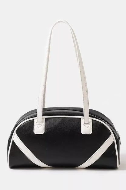 Fame Stripe Accent Faux Leather Hand Bag - BLACK / OS - Leather Hand Bag