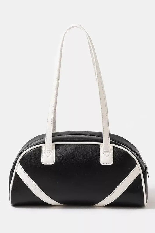 Fame Stripe Accent Faux Leather Hand Bag - BLACK / OS - Leather Hand Bag