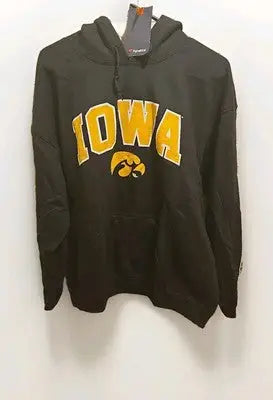 Black Iowa Hawkeyes hooded sweatshirt from Fanatics Iowa featuring team logo and comfort