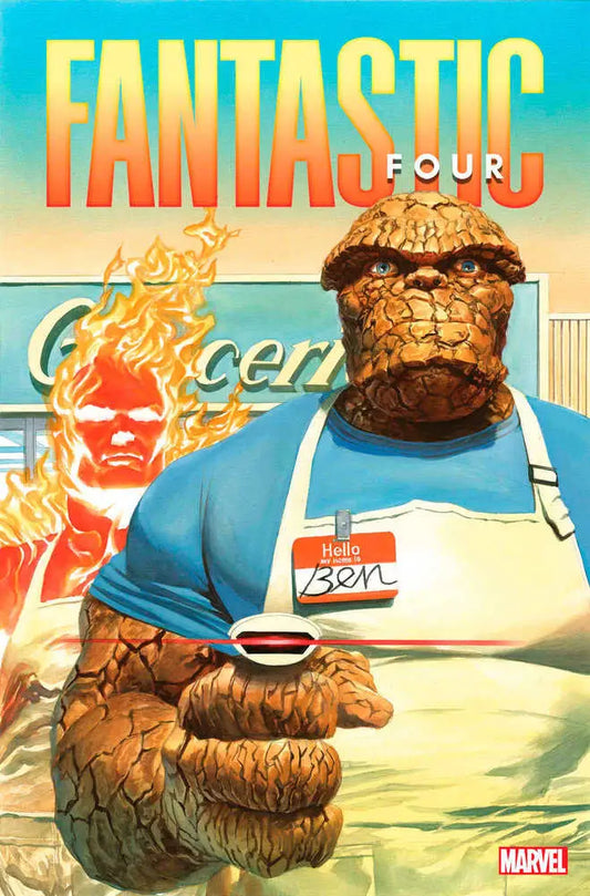 Comic book cover of Fantastic Four #20 featuring Thing in diner uniform for trading cards