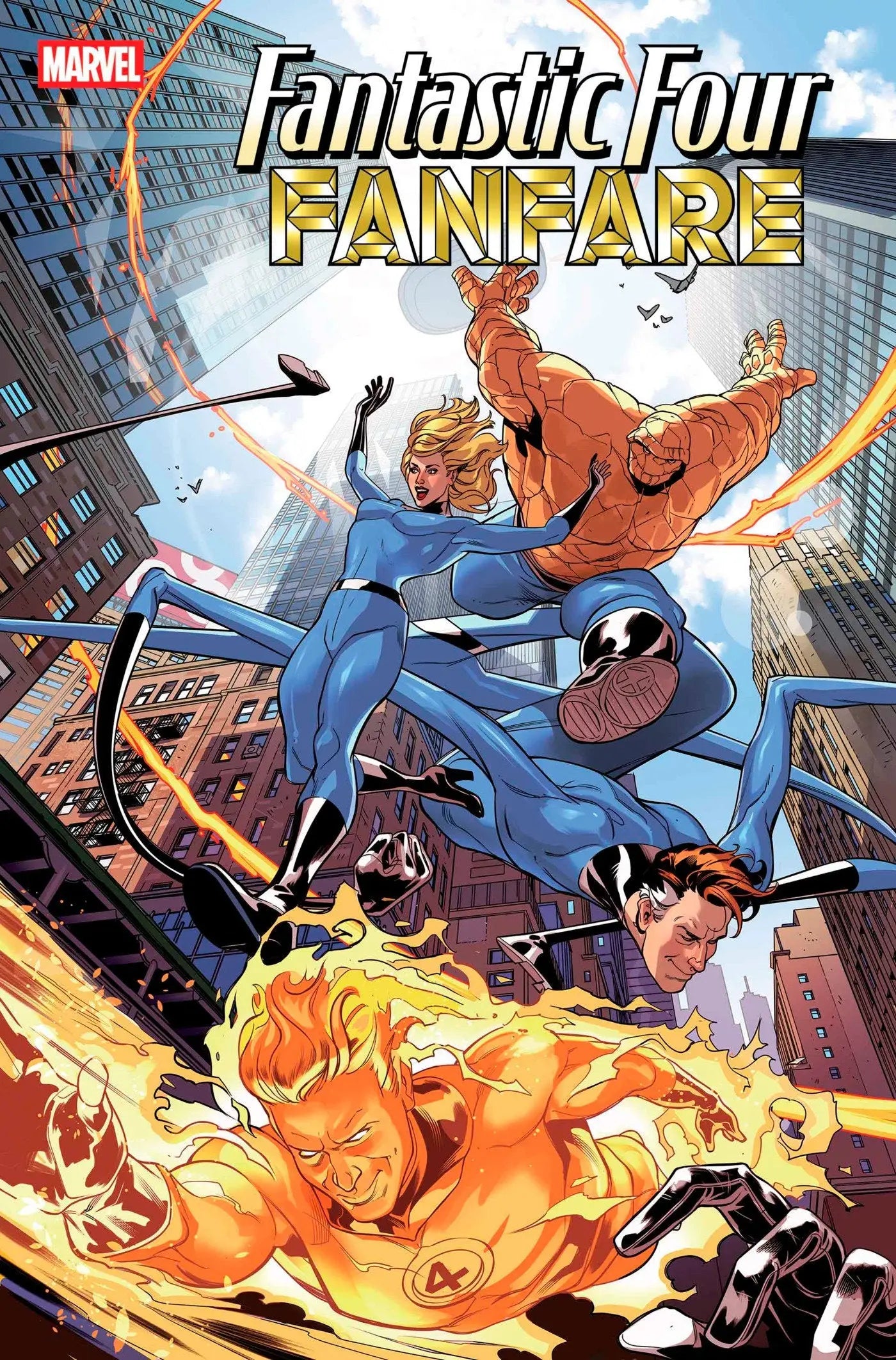 Comic book cover featuring the Fantastic Four in action for Fantastic Four Fanfare #4