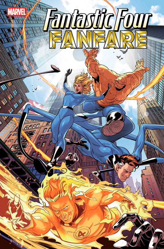 Comic book cover featuring the Fantastic Four in action for Fantastic Four Fanfare #4