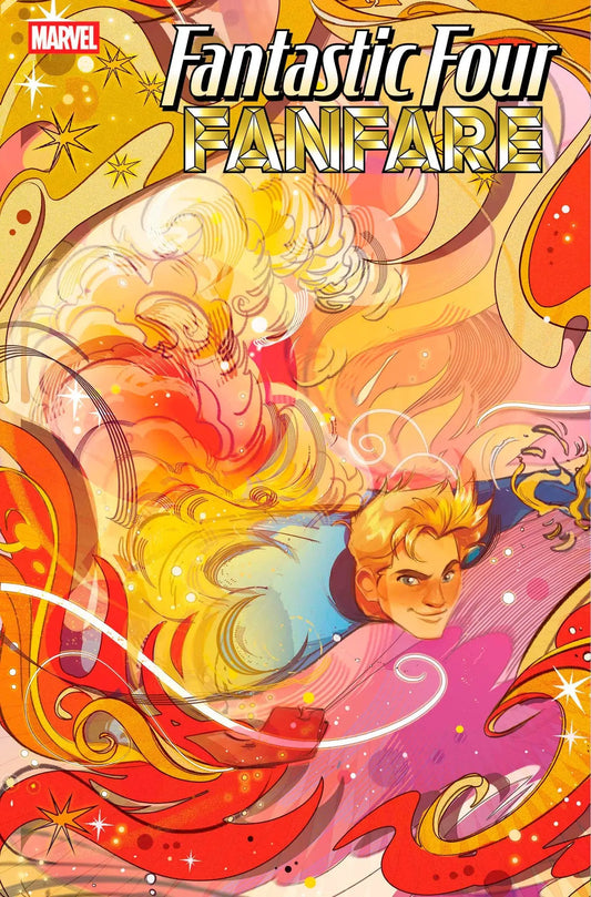 Comic book cover featuring a blonde male hero with colorful swirling energy art