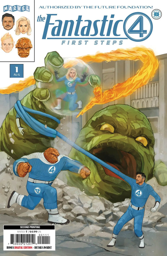 Fantastic Four comic book cover featuring the team battling a monster from Fantastic Four First Steps #1