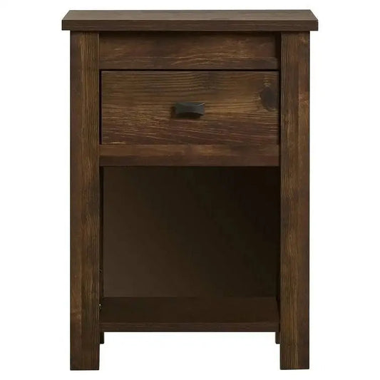 Farmhouse 1-Drawer Bedroom Nightstand with Open Shelf in Rustic Pine Finish - Nightstand