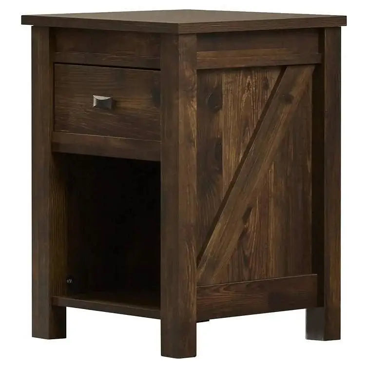 Farmhouse 1-Drawer Bedroom Nightstand with Open Shelf in Rustic Pine Finish - Nightstand