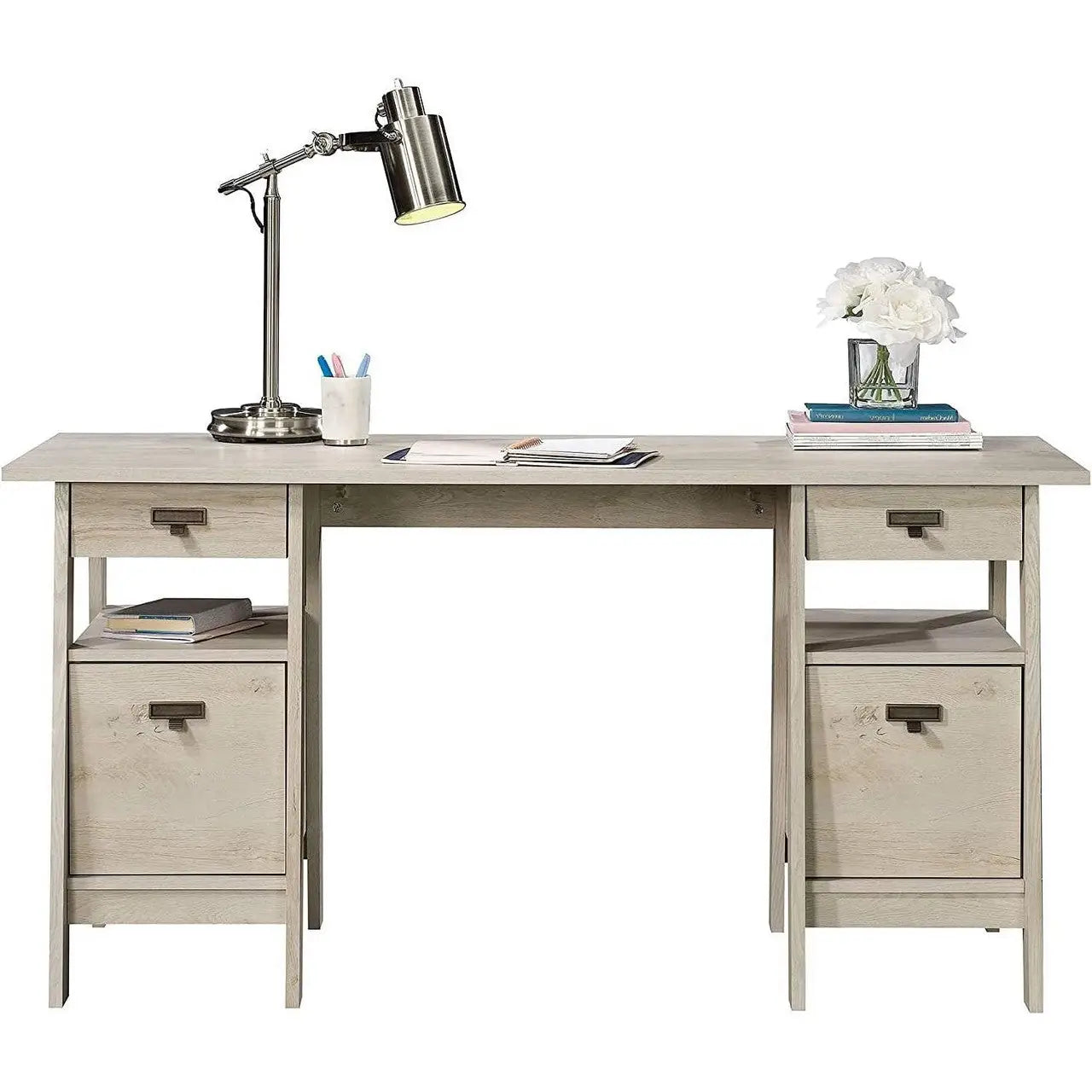 FarmHouse Chalky Oak Executive Desk w/ Filing Cabinets Storage - Computer Desks