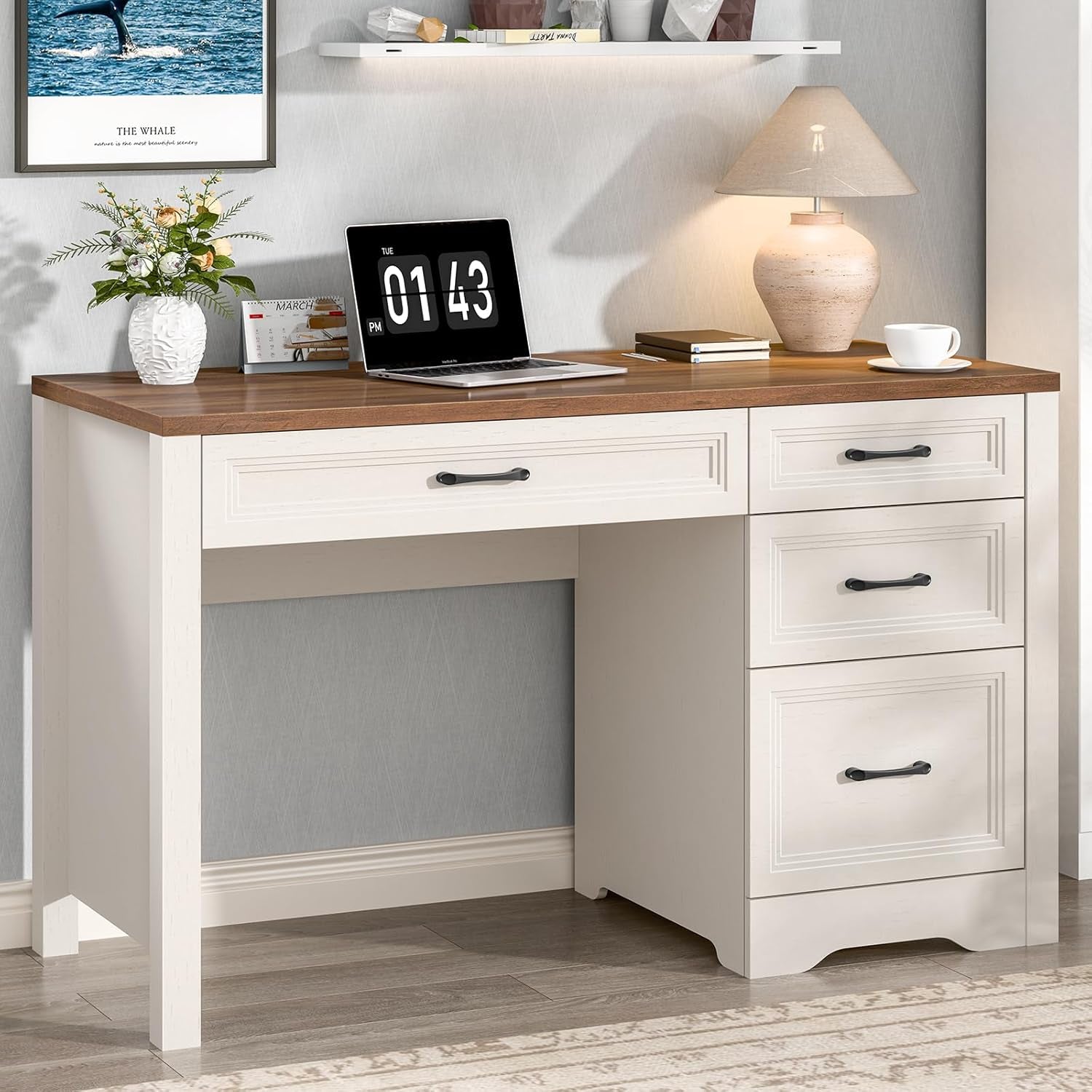 Farmhouse Executive Desk with Storage and Ample File Drawer, Rustic Large Home Writing Desk for Bedroom, White-0