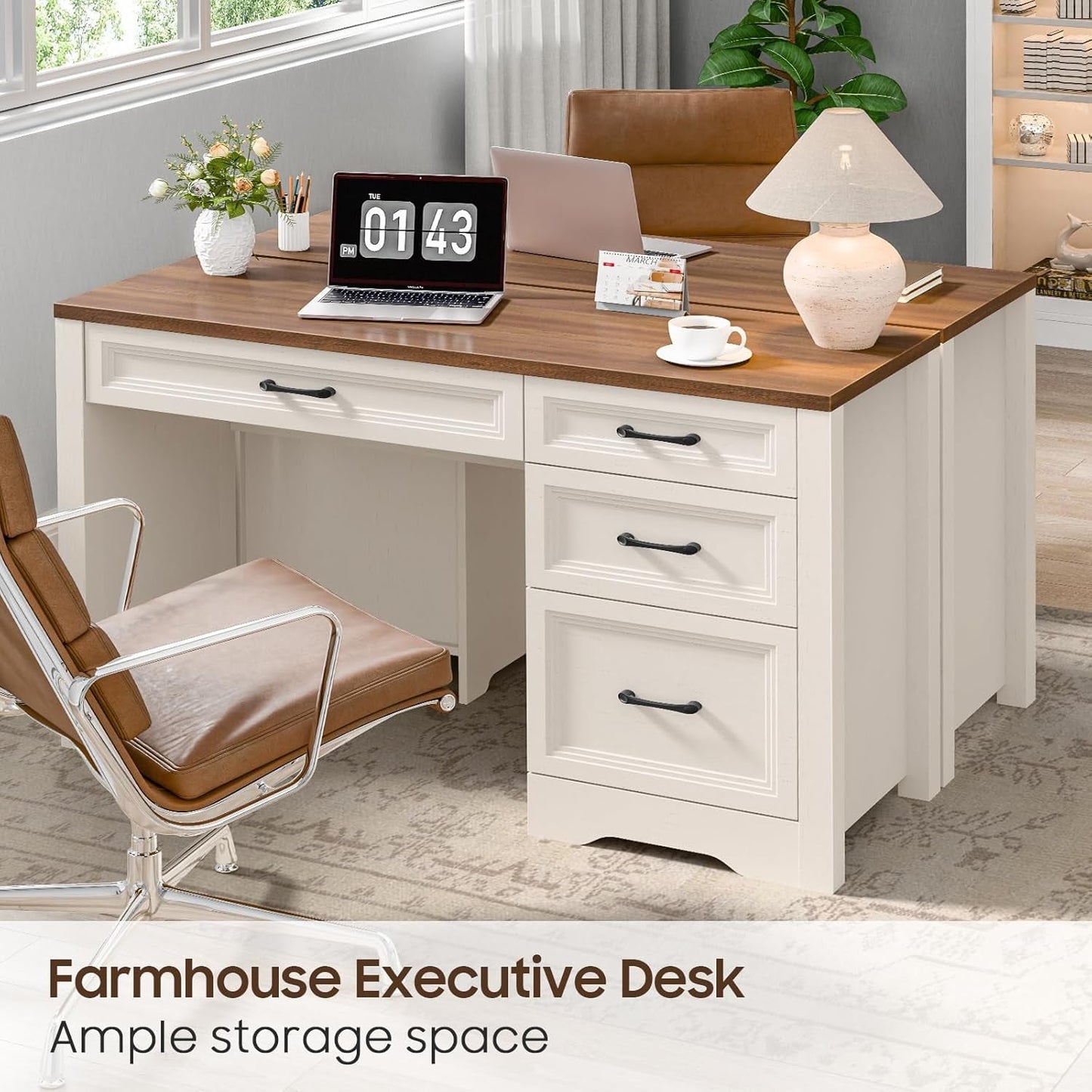 Farmhouse Executive Desk with Storage and Ample File Drawer, Rustic Large Home Writing Desk for Bedroom, White-4