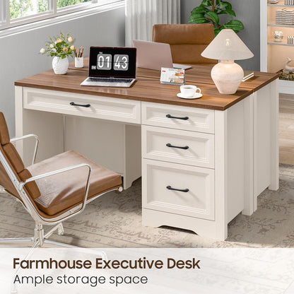 Farmhouse Executive Desk with Storage and Ample File Drawer, Rustic Large Home Writing Desk for Bedroom, White-4