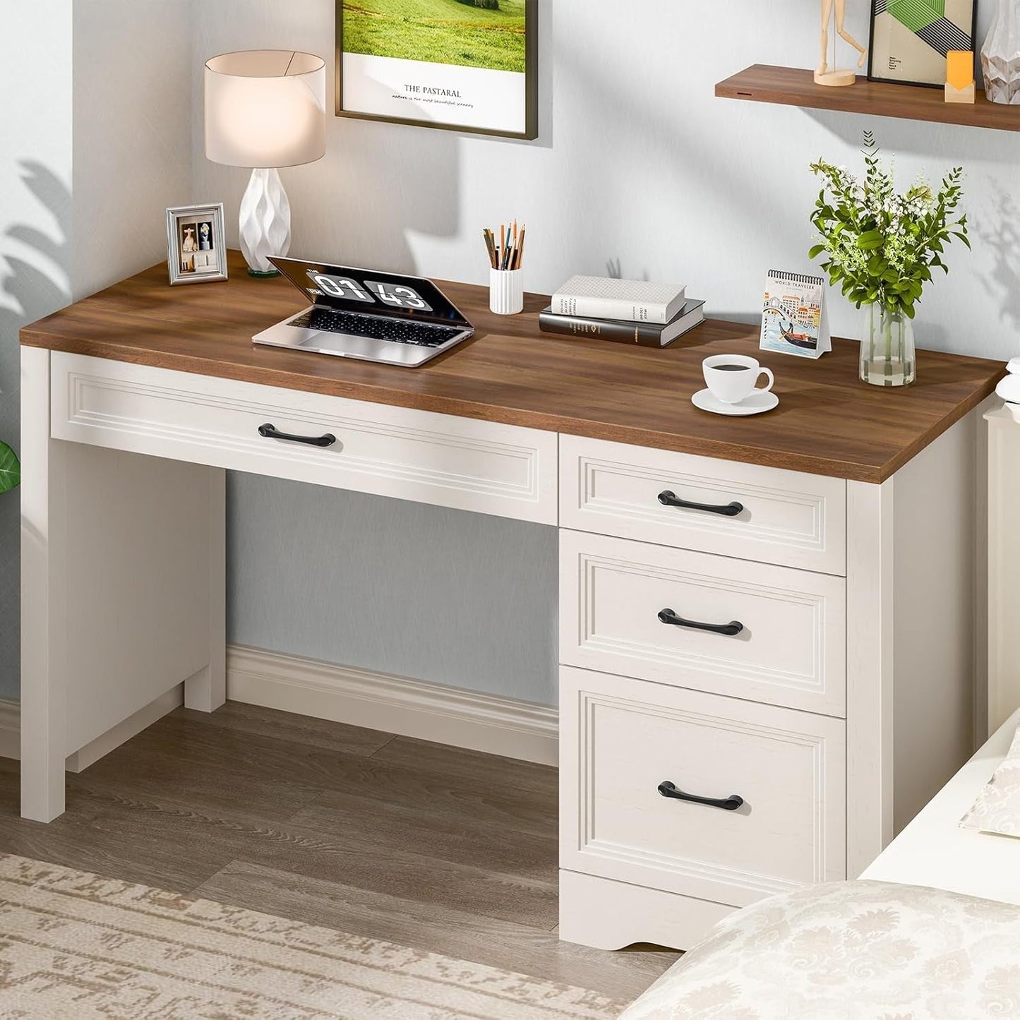 Farmhouse Executive Desk with Storage and Ample File Drawer, Rustic Large Home Writing Desk for Bedroom, White-2