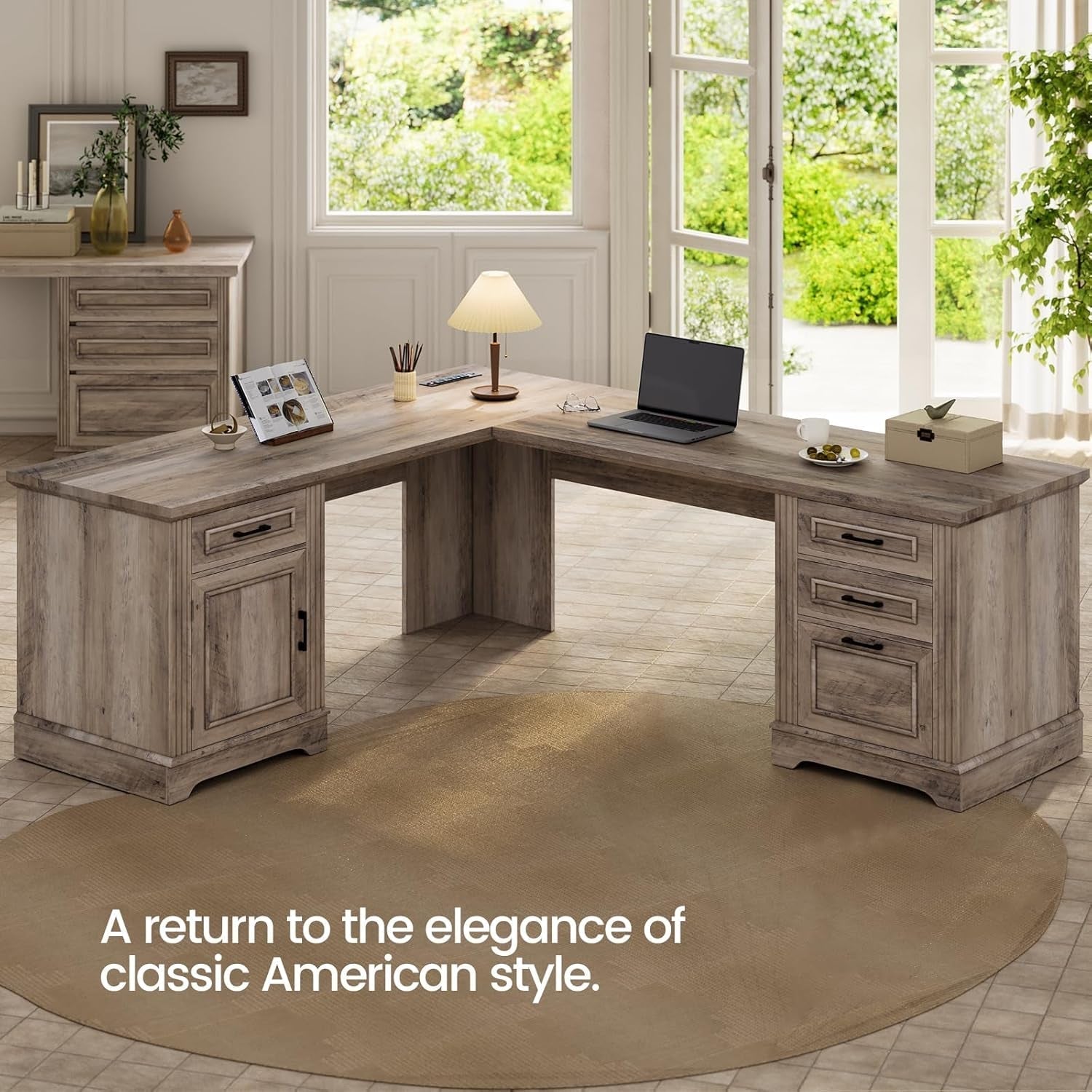 Farmhouse L Shaped Desk, Executive Computer Desk with Drawers and Storage Cabinet, Home Office Desk with File Drawer and Power Outlet, Corner Desk, Workstation for Office Home, Grey-2