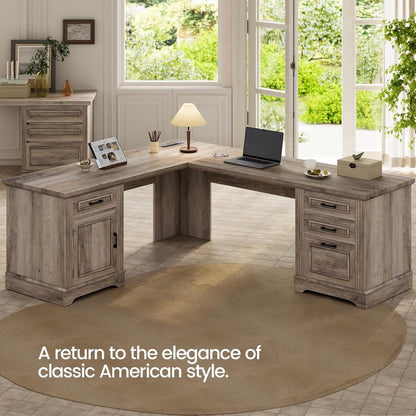Farmhouse L Shaped Desk, Executive Computer Desk with Drawers and Storage Cabinet, Home Office Desk with File Drawer and Power Outlet, Corner Desk, Workstation for Office Home, Grey-2