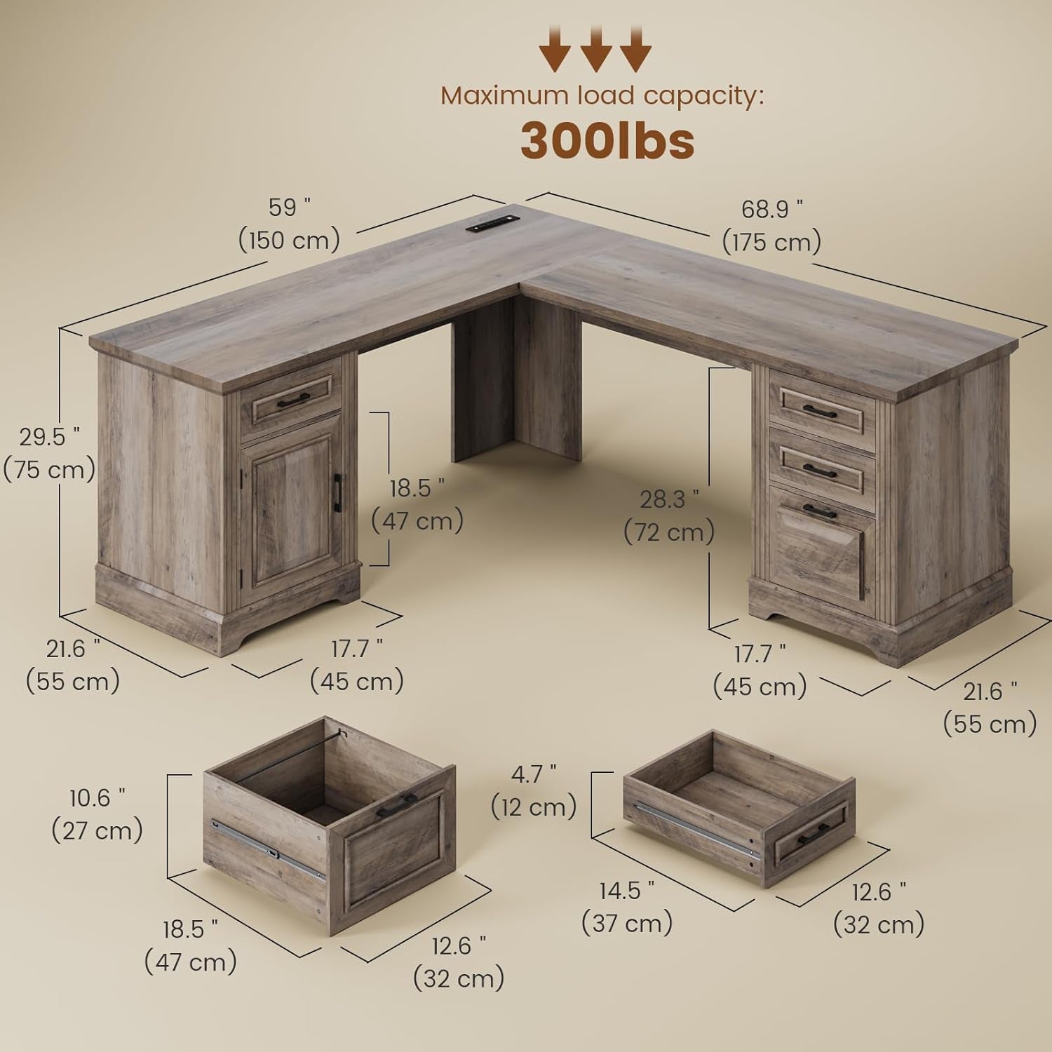 Farmhouse L Shaped Desk, Executive Computer Desk with Drawers and Storage Cabinet, Home Office Desk with File Drawer and Power Outlet, Corner Desk, Workstation for Office Home, Grey-1