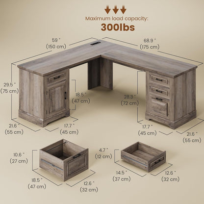 Farmhouse L Shaped Desk, Executive Computer Desk with Drawers and Storage Cabinet, Home Office Desk with File Drawer and Power Outlet, Corner Desk, Workstation for Office Home, Grey-1