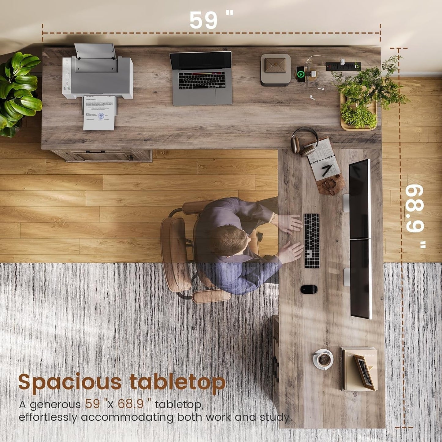 Farmhouse L Shaped Desk, Executive Computer Desk with Drawers and Storage Cabinet, Home Office Desk with File Drawer and Power Outlet, Corner Desk, Workstation for Office Home, Grey-4