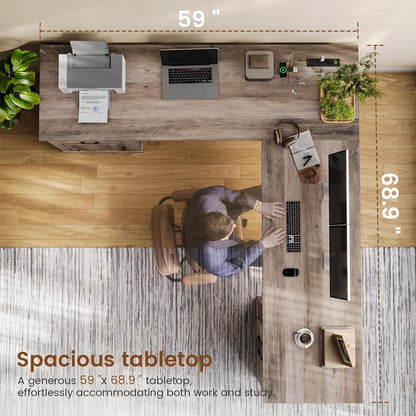 Farmhouse L Shaped Desk, Executive Computer Desk with Drawers and Storage Cabinet, Home Office Desk with File Drawer and Power Outlet, Corner Desk, Workstation for Office Home, Grey-4