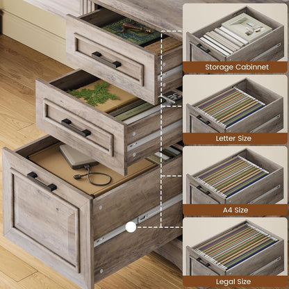 Farmhouse L Shaped Desk, Executive Computer Desk with Drawers and Storage Cabinet, Home Office Desk with File Drawer and Power Outlet, Corner Desk, Workstation for Office Home, Grey-3