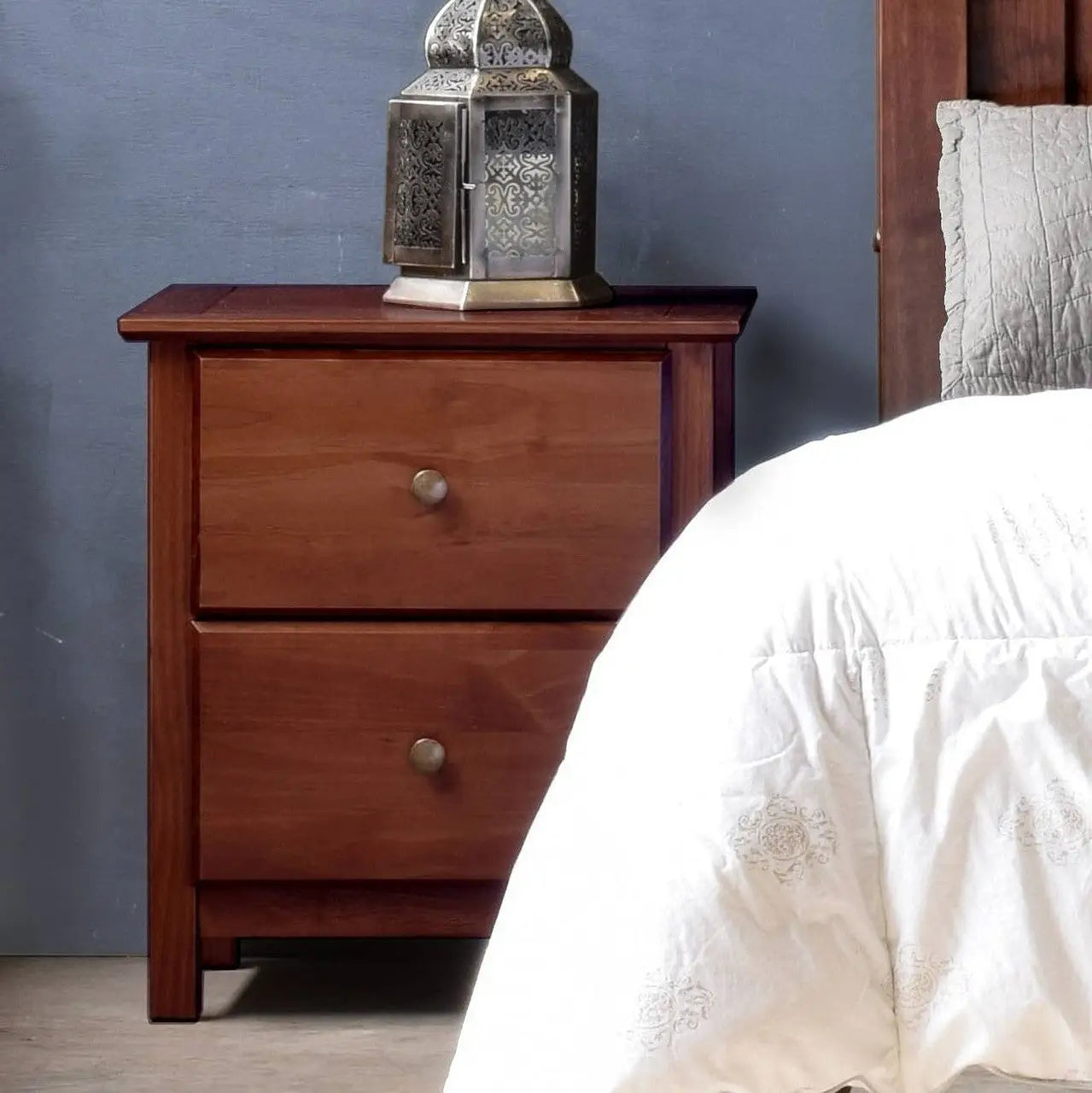 Farmhouse Solid Pine Wood 2 Drawer Nightstand in Cherry Finish - Nightstand