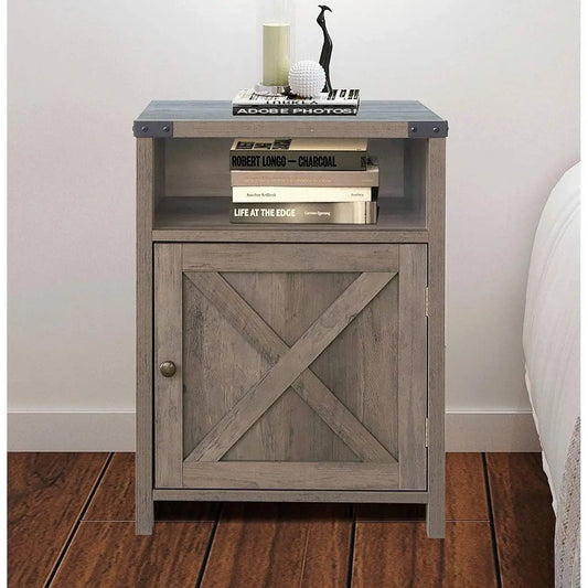 Farmhouse Style End Table Barn Door Nightstand with Open Shelf in Rustic Oak - Nightstand