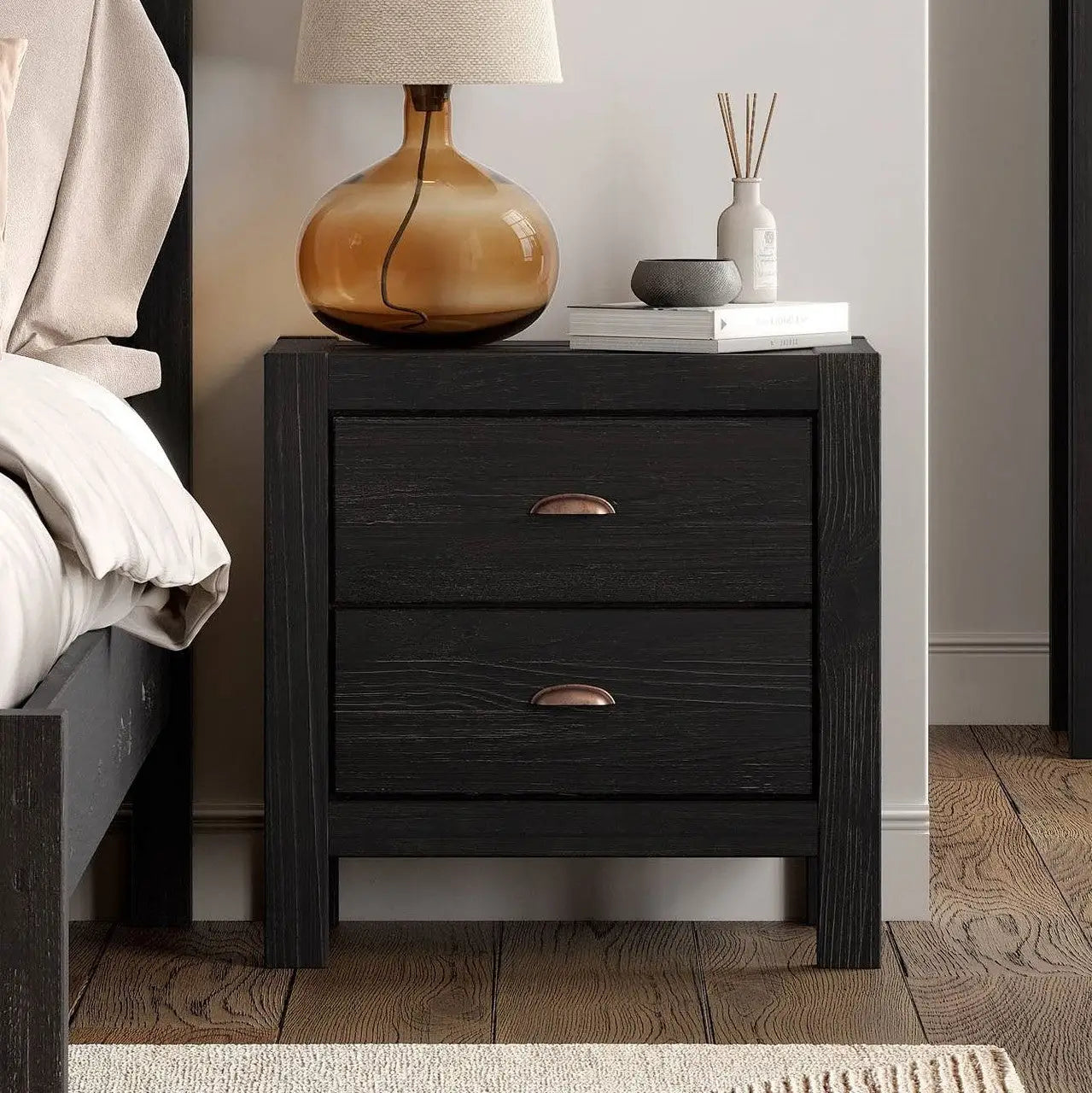 Farmhouse Style Solid Pine Wood 2-Drawer Nightstand Bedside Table in Black - Nightstand
