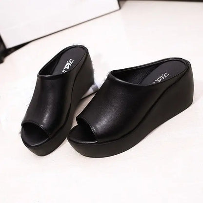 Black open-toed wedge sandals with fish mouth design from Fashionable Women’s High Heel Fish Mouth Sandals