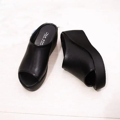 Black leather open-toe wedge sandals with fish mouth design and high heel fish mouth style