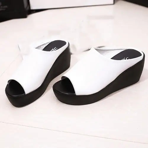 Fashionable Women’s High Heel Fish Mouth Sandals with white open-toe wedges and black platforms