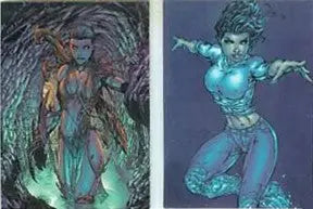 Two fantastical female figures in contrasting poses on Fathom trading cards set