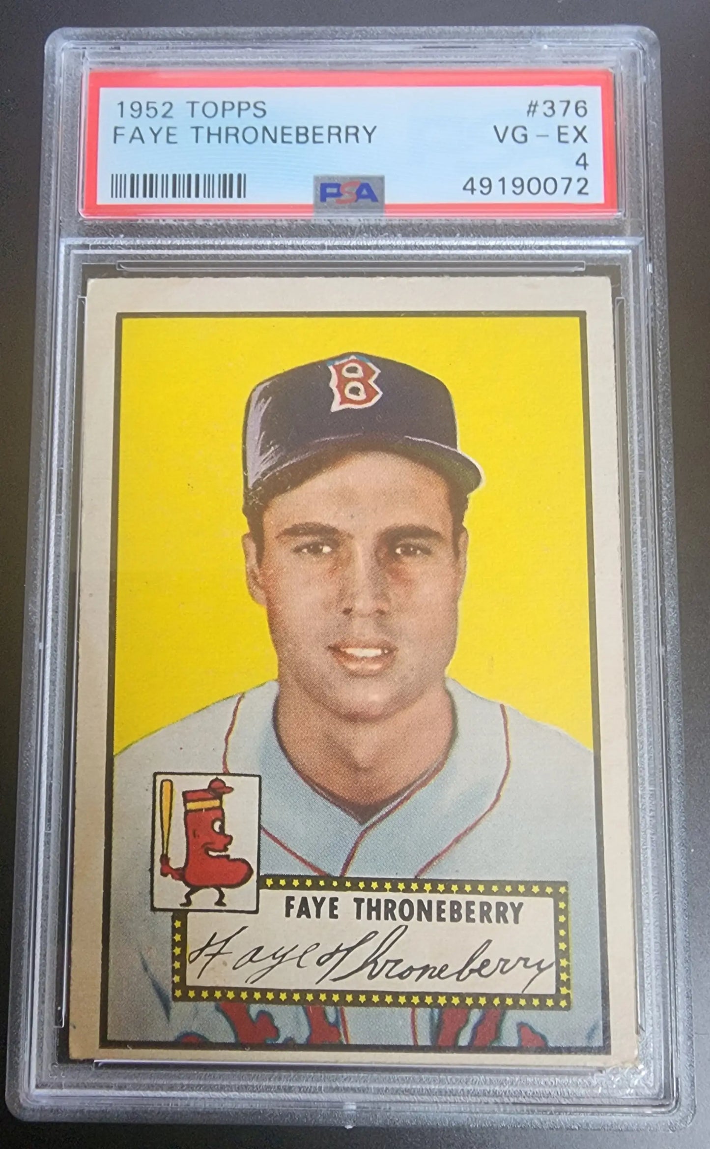 Faye Throneberry 1952 Topps #376 PSA 4 baseball card on a yellow background