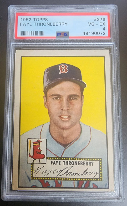 Faye Throneberry 1952 Topps #376 PSA 4 baseball card on a yellow background