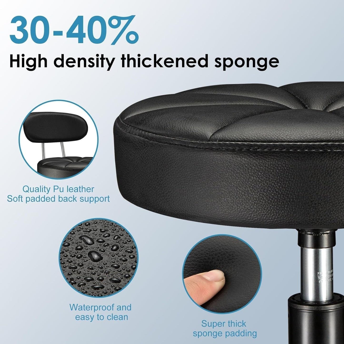 Swivel Rolling Stool with Wheels Height Adjustable Chair Rolling Drafting Chair Spa Stool Chair Backrest Black-4