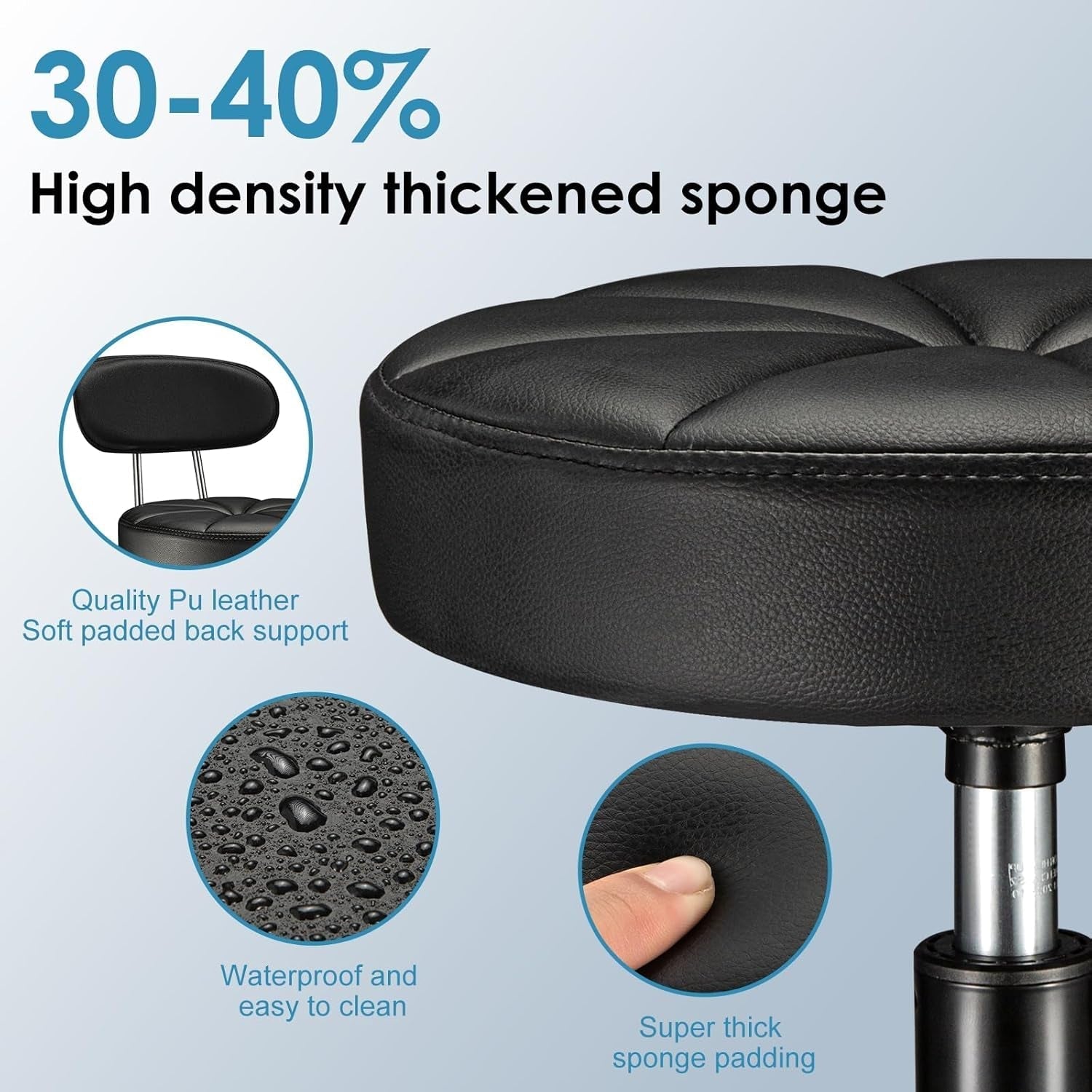 Swivel Rolling Stool with Wheels Height Adjustable Chair Rolling Drafting Chair Spa Stool Chair Backrest Black-4