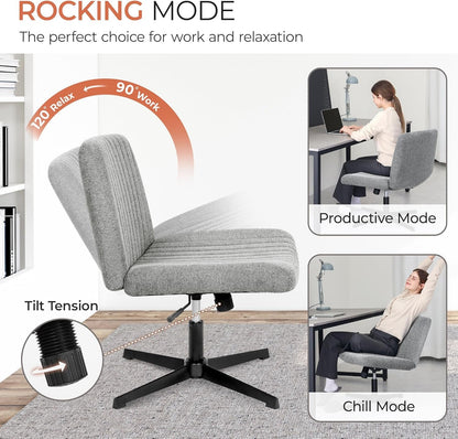 Cross Legged Office Desk Chair No Wheels Fabric Padded Modern Swivel Height Adjustable Wide Seat Computer Task Vanity Chair for Home Office Mid Back Accent Chair (Grey)-3