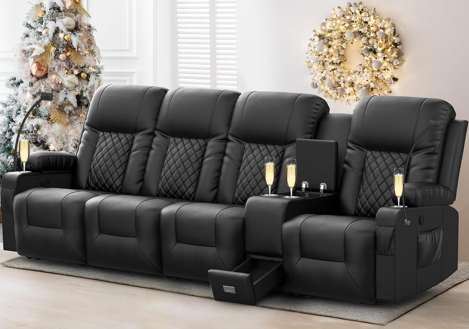 4 Seat Recliner Sofa, Large Reclining Sofa with Storage Console, Manual Reclining Chair with USB Ports, 2 Cell Phone Holder, 4 Seater Recliner Couch for Living Room-0
