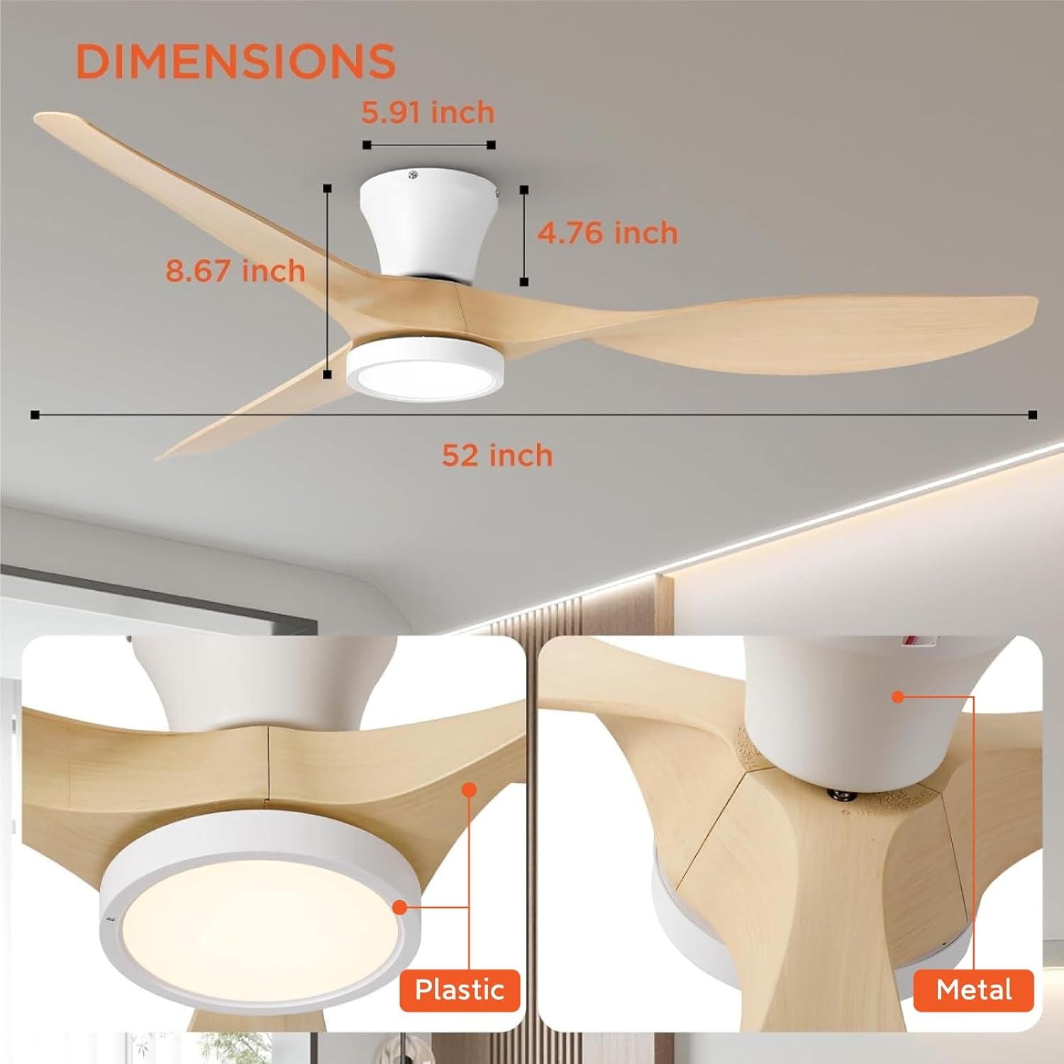 52 Inch Ceiling Fans with Lights and Remote, Flush Mount Low Profile Ceiling Fan with Reversible DC Motor ABS Blades for Bedroom Living Room Kitchen Light Oak Finish-2