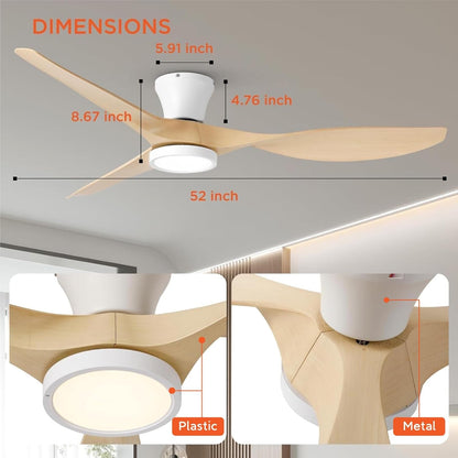 52 Inch Ceiling Fans with Lights and Remote, Flush Mount Low Profile Ceiling Fan with Reversible DC Motor ABS Blades for Bedroom Living Room Kitchen Light Oak Finish-2