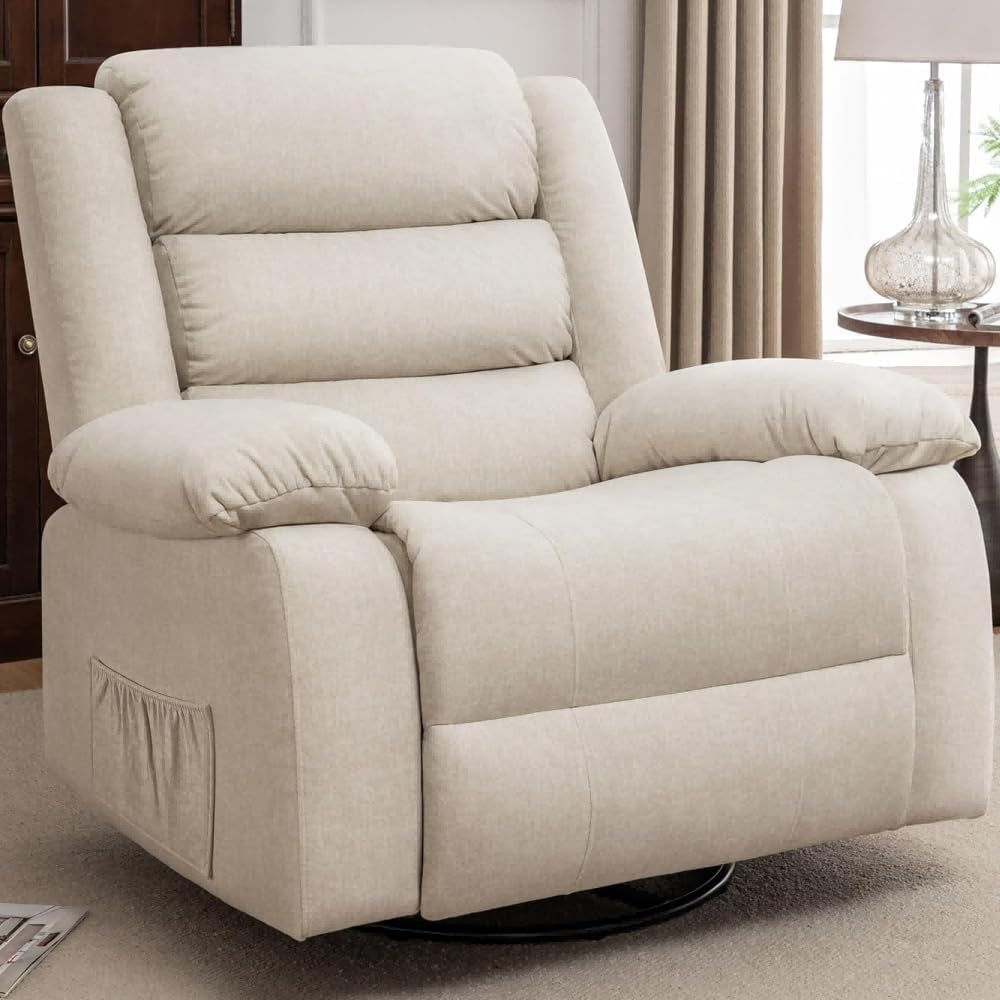 Recliner Chair, Wide Rocker Chair, Rocking Chair with Massage and Heat,360°Swivel Nursery Rocking Chairs, Oversized Recliner for Adults, Cashmere Reclining Sofa for Living Room, Beige-0