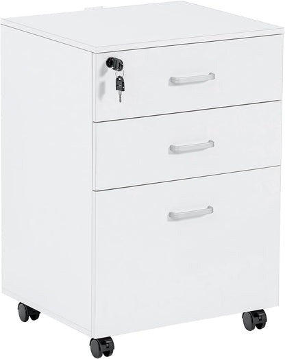 3 Drawer Mobile File Cabinet, Rolling Vertical Filing Cabinet Fits A4, Legal Paper and Letter Paper for Home Office, White with Lock-0