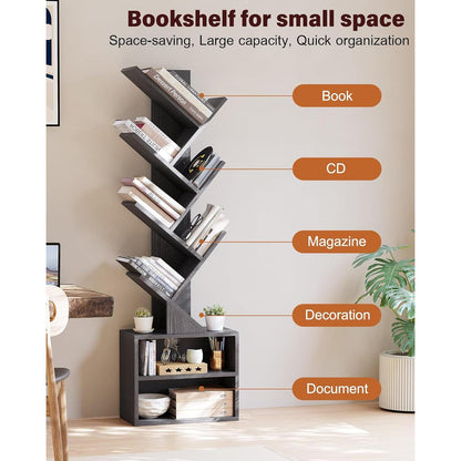 6 Tier Tree Bookshelf, Small Bookcase with Storage Cabinet, Modern Narrow Bookshelves Organizer, Floor Standing Book Shelf for Bedroom/Living Room/Home Office/Corner, Black-2