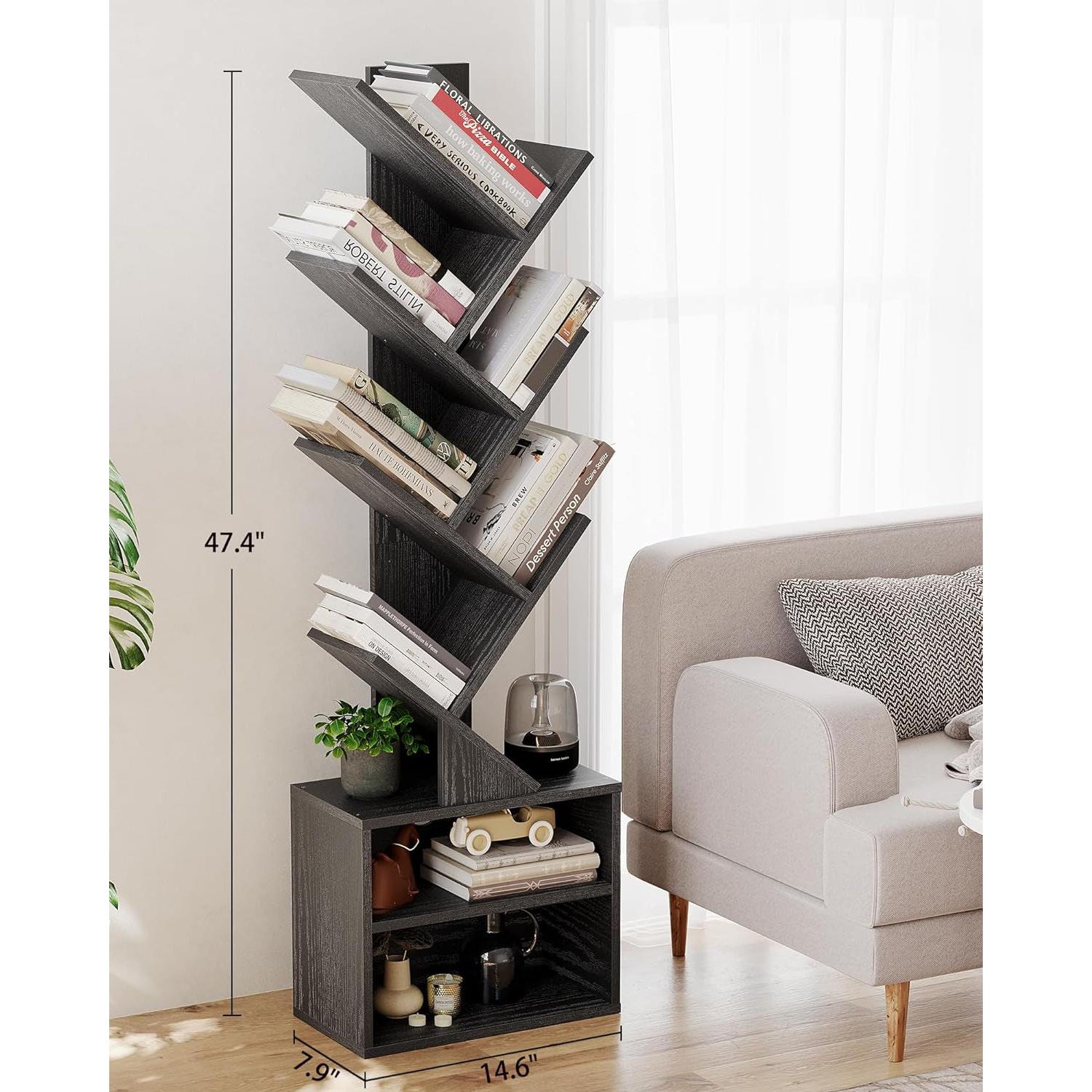 6 Tier Tree Bookshelf, Small Bookcase with Storage Cabinet, Modern Narrow Bookshelves Organizer, Floor Standing Book Shelf for Bedroom/Living Room/Home Office/Corner, Black-1