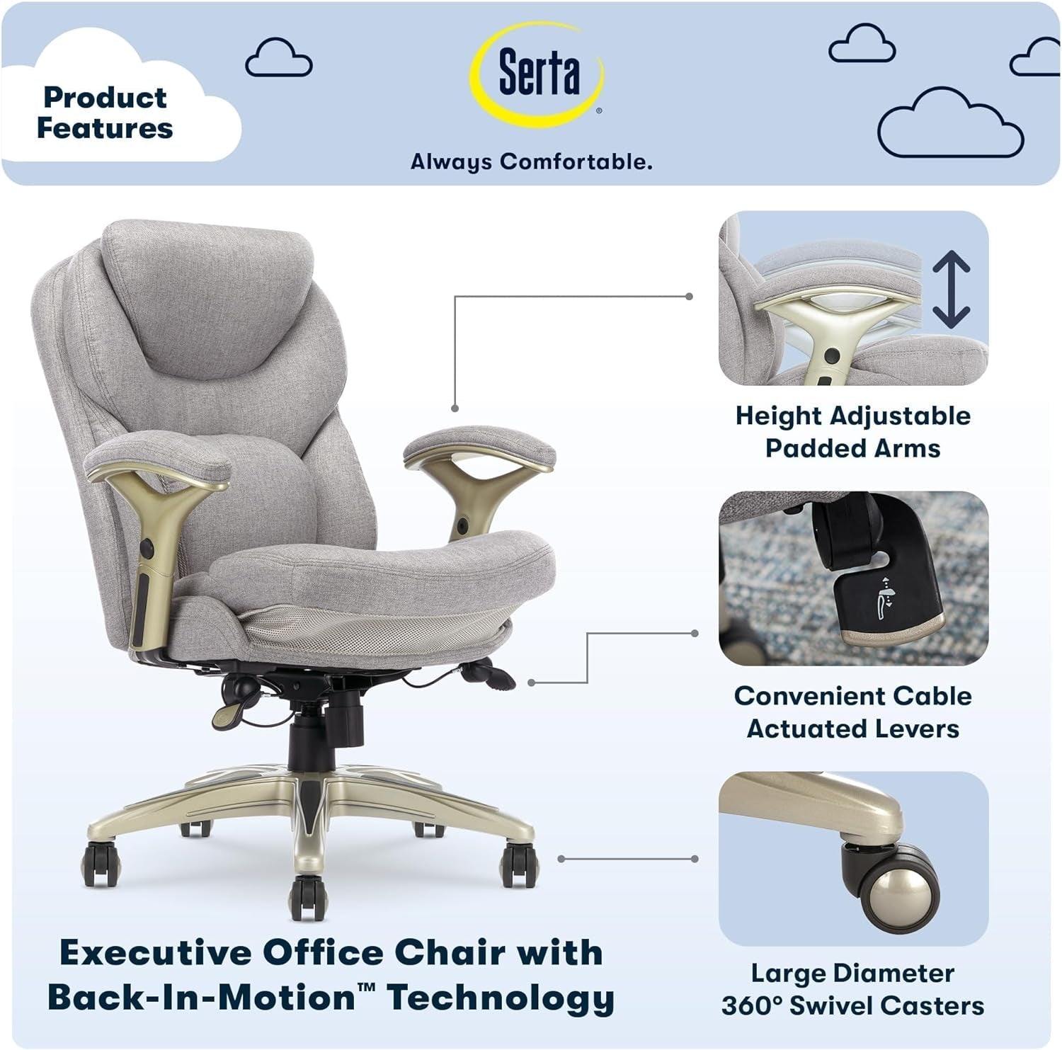 Ergonomic Executive Office Chair Motion Technology Adjustable Mid Back Design with Lumbar Support, Light Gray Fabric-2