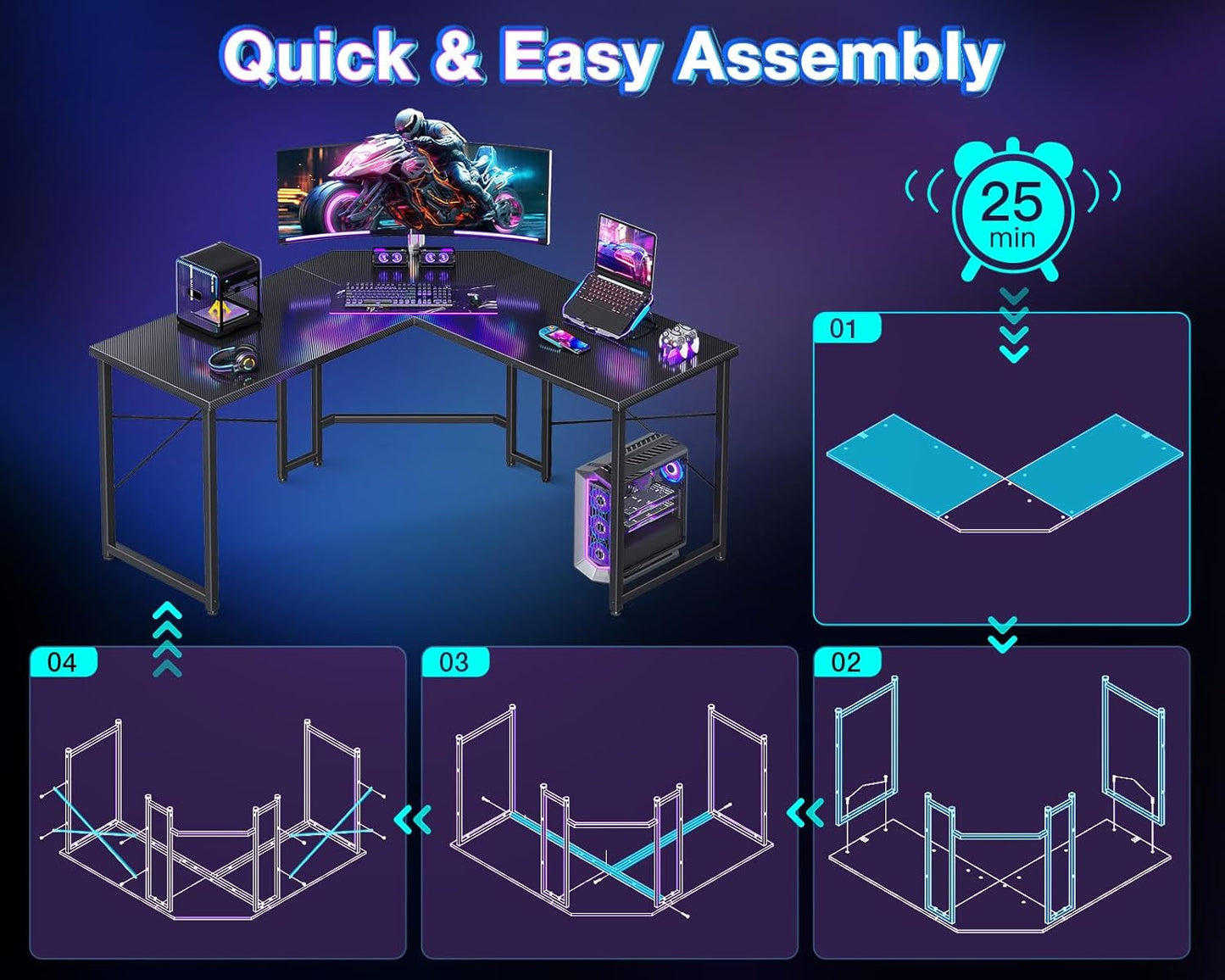 L Shaped Gaming Desk, Corner Desk Gaming Table for Home Office, Computer Desk Sturdy Writing Workstation for Small Space, Easy to Assemble, 51 Inch, Carbon Fiber Surface, Black-3