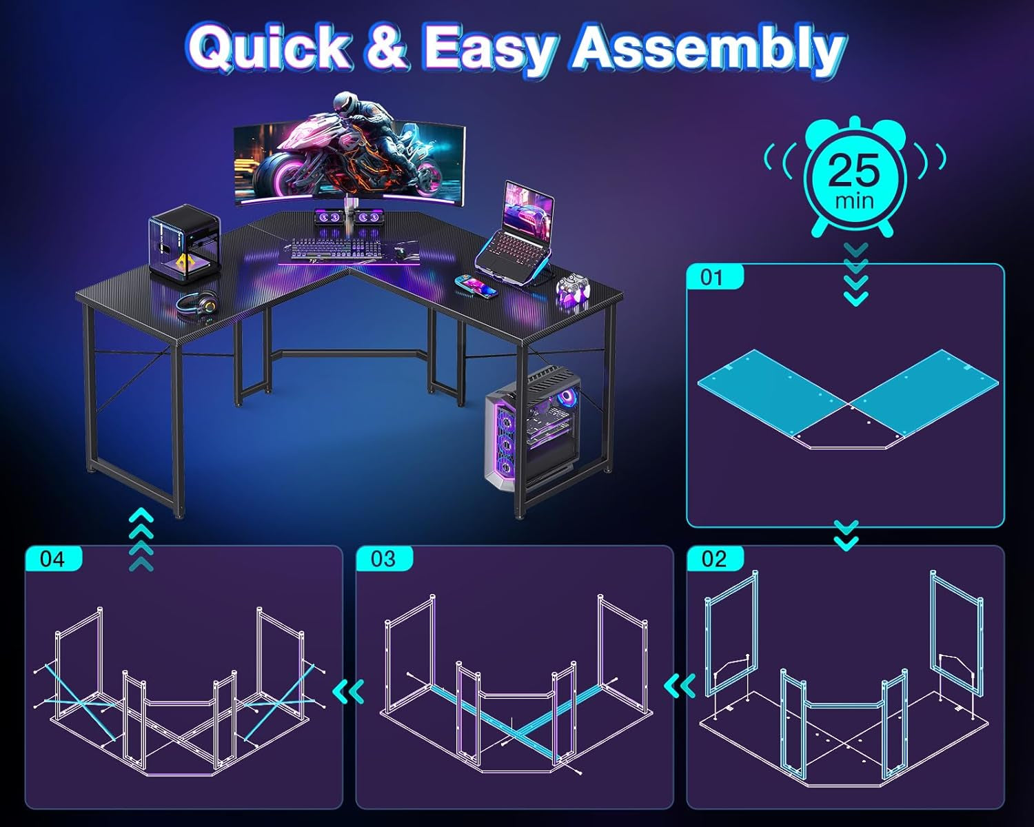 L Shaped Gaming Desk, Corner Desk Gaming Table for Home Office, Computer Desk Sturdy Writing Workstation for Small Space, Easy to Assemble, 51 Inch, Carbon Fiber Surface, Black-3