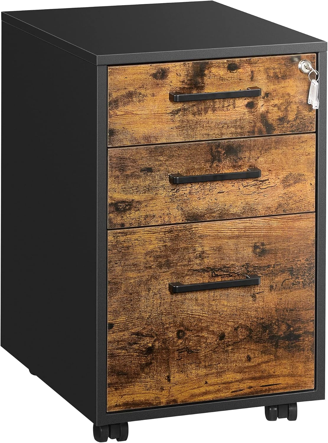 File Cabinet, Pre-Assembled except Wheels and Handles, Office Filing Cabinet with Lock, for A4, Legal, Letter Sized Documents, 17.7 X 14.4 X 23.6 Inches, Rustic Brown and Black UOFC110B01V1-0