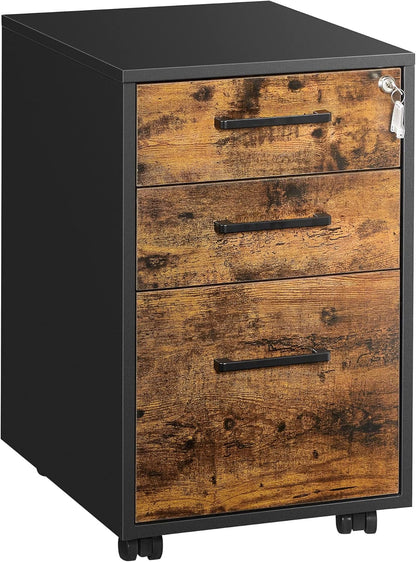 File Cabinet, Pre-Assembled except Wheels and Handles, Office Filing Cabinet with Lock, for A4, Legal, Letter Sized Documents, 17.7 X 14.4 X 23.6 Inches, Rustic Brown and Black UOFC110B01V1-0