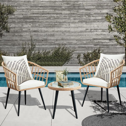 3 Piece Patio Bistro Set, Outdoor Wicker Apartment Balcony Furniture Sets, Rattan Table and Chairs Set of 2 for Porch Backyard Lawn Poolside Deck, Beige-0