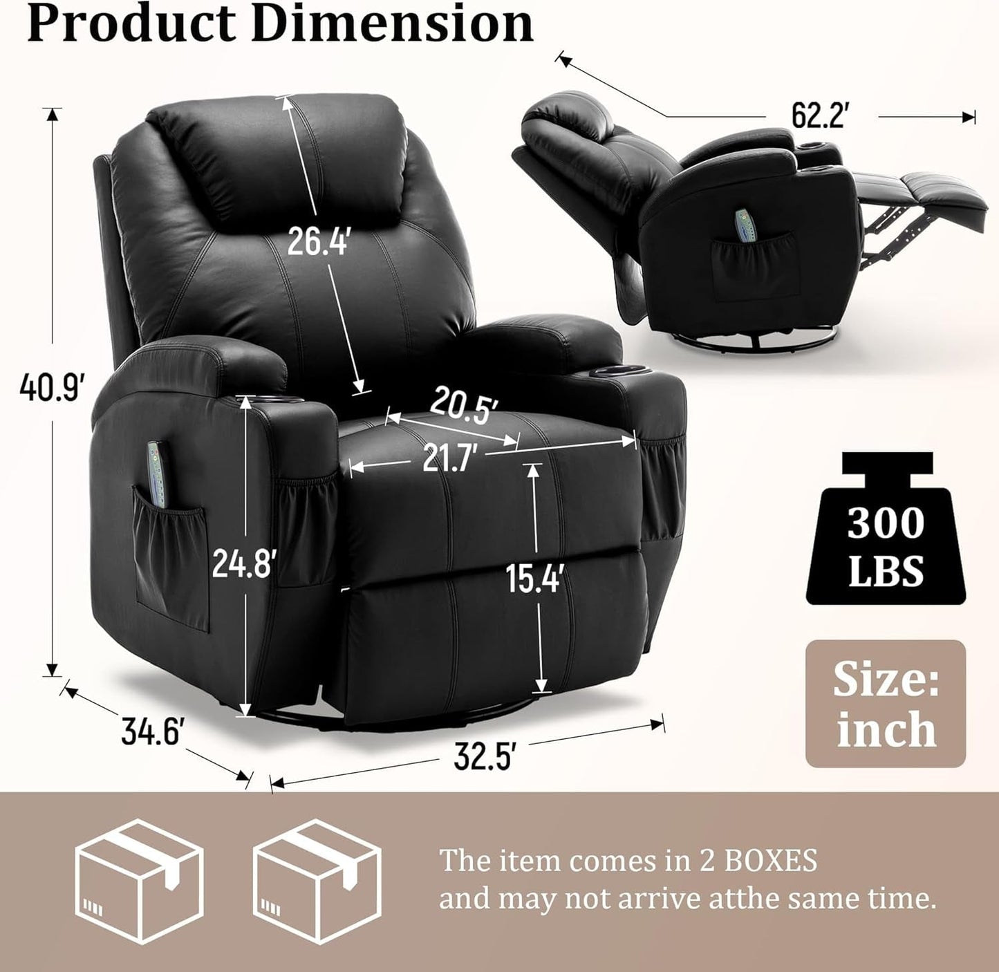 Recliner Chair, Rocking Chair with Massage and Heat, 360° Swivel Recliner Chairs for Adults, Rocker Manual Recliner with Remote Control and Cup Holder for Living Room, Bedroom, Nursery-1