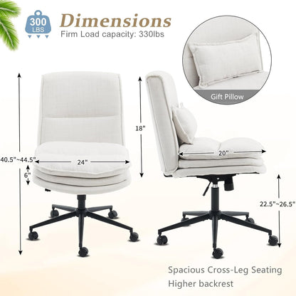 Cloud Criss Cross Legged Chair,18" High Back Armless Home Office Desk Chair with Wheels,Wide Adjustable Comfy Padded Seat Task Computer Chair,Modern Swivel Makeup Vanity Chair,Fabric,Beige-1