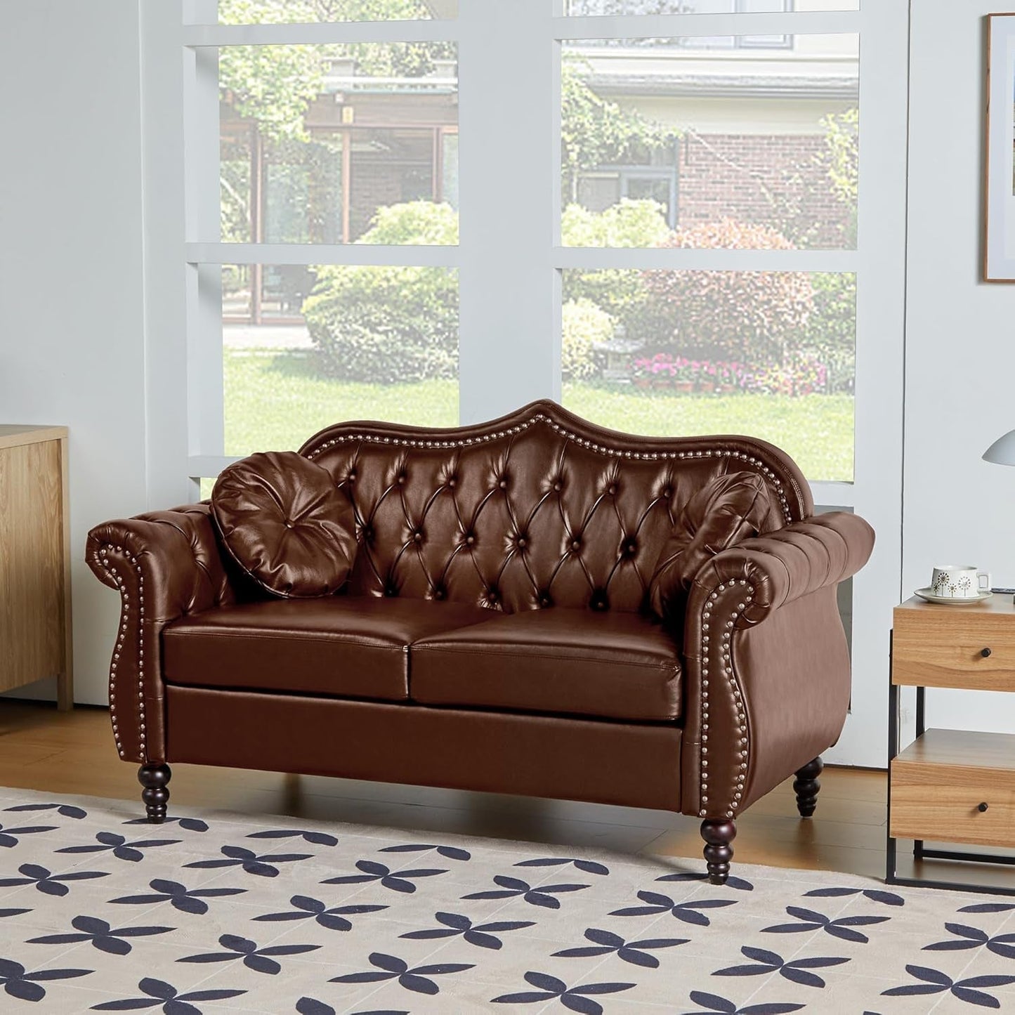 2 Piece Living Room Set, Mid-Century Modern Upholstered Chesterfield Chair Loveseat with Tufted Button and Pillows, Upholstered PU Leather Sofa Couch for Living Room, Office, Brown-4